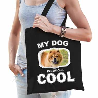 Chow chow honden tasje zwart volwassenen en kinderen - my dog serious is cool kado boodschappentasje