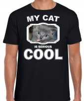 Grijze kat katten poezen t-shirt my cat is serious cool zwart voor heren