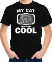 Grijze kat katten poezen t-shirt my cat is serious cool zwart voor kinderen