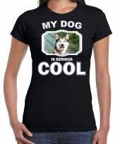 Siberische huskys honden t-shirt my dog is serious cool zwart voor dames